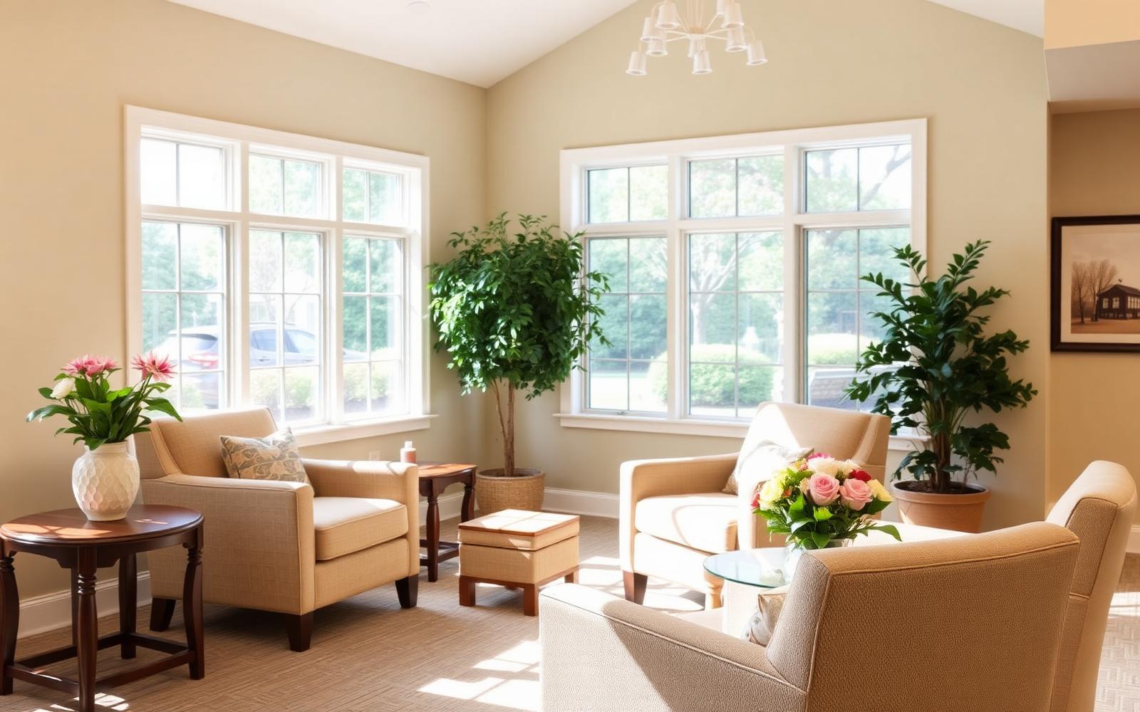 Sunlit assisted living community common room with comfortable armchairs and fresh flowers